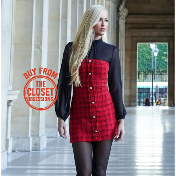 ZARA Fitted Textured Tweed Dress NWT | Red Black Blogger Favorite - Picture 6 of 16